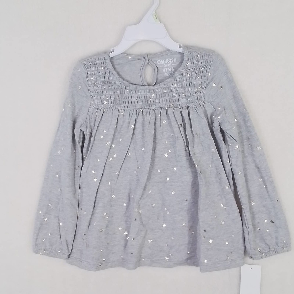 OshKosh Long Sleeve Cotton Top Tee Size 4 Gray w/ Gold Stars‎